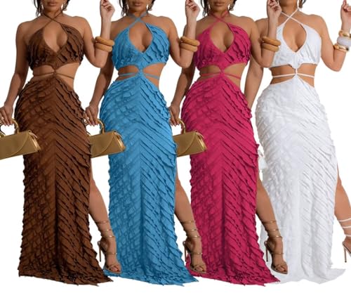 Image of Aro Lora Womens Sexy Halter Neck Criss Cross Pleated Hollow Out Side Slit Bodycon Maxi Dress Large Blue