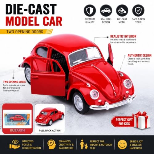 Image of Vintage Die-Cast Metal Toy Car with Openable Doors & Pull Back Action, 1:36 Scale Classic Model Vehicle, Durable Metal Body, Kids Toy Gift for Boys & Girls 3+ Years (Pack of 1) (RED)