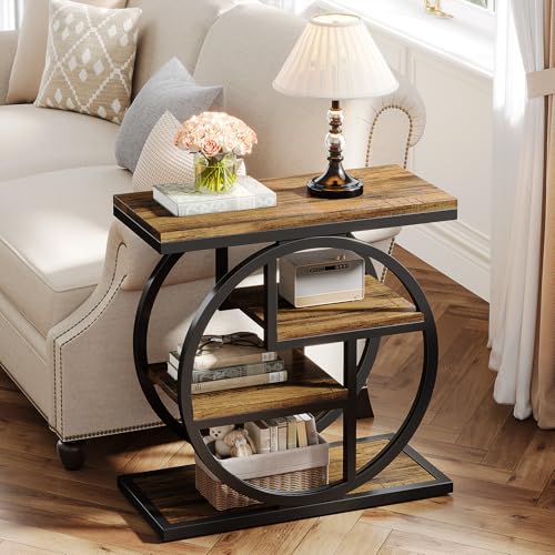Image of Tribesigns End Table Set of 2, 4-Tier Narrow Side Table with Storage Shelves, Wood Small Sofa Side Table with Geometric Metal Frame, Industrial Bedside Table for Bedroom, Living Room, Rustic Brown