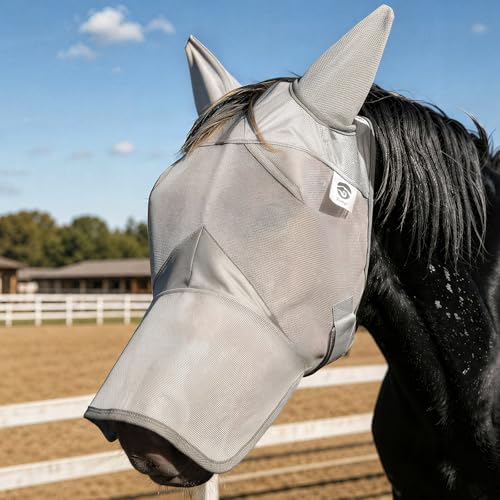 Raelitego Horse Fly Mask with Ears and Nose Cover Adjustable Fly Masks for Horses UV Protection Comfort Mesh Horse Head Mask Against Flies and Insects Breathable Professional Choice Fly Mask(L)