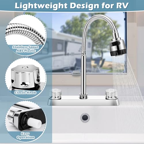 Image of RV Kitchen Faucet, XFIRE-GEAR Camper Faucet Kitchen with Flexible Arc 360 Degree Rotatable Dual Function Sprayer, RV Sink Faucets for Motorhomes, Travel Trailers (8 Inches Apart)