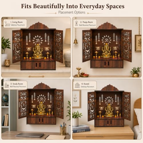 Image of The Castle Decor Wooden Mandir for Home, Wall Hanging & Tabletop Pooja Temple with Double Doors, Om & Lotus Cutwork, Storage Cabinet, Dark Walnut MDF for Pooja Room, 10.6 x 20 x 16.7 Inch (Design-2)
