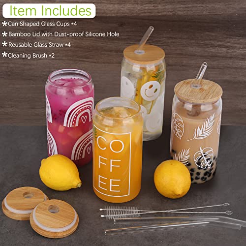 Kaund 4 Pcs Ice Coffee Cup With Bamboo Lids And Glass Straw,16Oz Sublimation Boho Printed Beer Can Glasses,Ideal For Cocktails,Whiskey,Beer,Soda And Gifts (C01-Boho) #TOP1