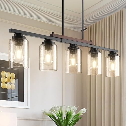 5 Light Chandeliers Ceiling Light,E27 Vintage Rustic Kitchen Lights Ceiling Industrial Metal Glass Hanging Lights, Matte Black Pendant Light for Farmhouse Dining Room Bedroom Hallway Kitchen