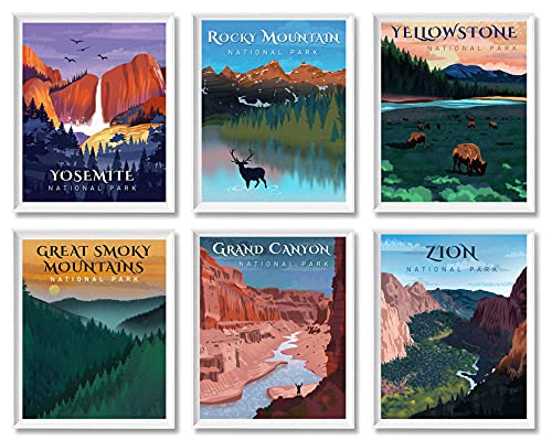 Image of National Park Posters – Vintage Style Unframed Set of 6 Travel Prints, 11x14 Inch, Yosemite, Yellowstone, Grand Canyon, Zion, Smoky Mountain, Rocky Mountain National Parks Wall Poster, Abstract