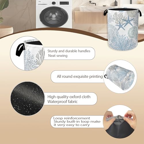 Image of Collapsible Laundry Basket,Coastal Beach Dirty Clothes Hamper,Watercolor Shell Starfish Coral Hampers for Bedroom Waterproof Oxford Cloth Storage Organizer for Bathroom,Nursery,Dorm,16x20 Inch