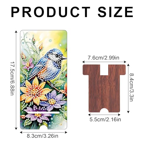 Image of Flower and Bird Diamond Painting Phone Stand with Mirror, DIY Wooden Diamond Art Desktop Holder, 2-in-1 Diamond Painting Tabletop Ornament - Phone Stand and Mirror for Home and Office
