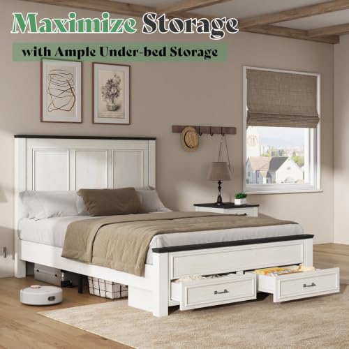 Image of AMERLIFE 52.2 inch Full Size Farmhouse Bed Frame with Headboard, Rustic White