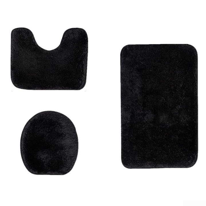 Weiches Mikrofaser-Badezimmerteppich-Set, 3-teilig, Badematte + Konturmatte + Toilettensitzbezug, rutschfester Badezimmerteppich, geeignet für die meisten Toiletten (schwarz)