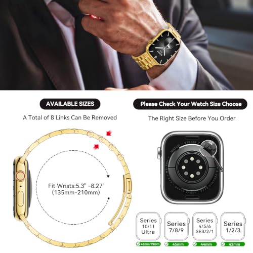 Image of Bestig Compatible with Apple Watch Bands for Men Women 49mm 46mm 45mm 44mm 42mm(Series 3 2 1), Stainless Steel Metal Business Wristband Strap for iWatch Ultra Series 11 10 9 8 7 6 SE 5 4, Gold