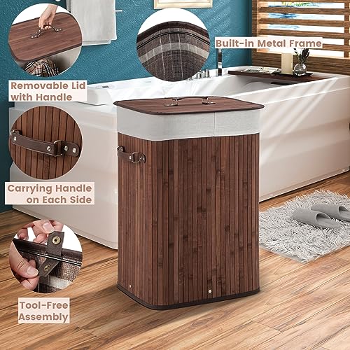 Multigot Bamboo Laundry Basket, 72L Clothes Storage Hamper with Removable Liner Bag & Lid, Portable Washing Room Basket for Laundry Room Bedroom (Coffee) - Image 3