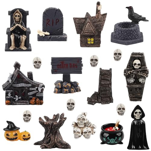 TaoQ C 21 PCS Halloween Miniatures Figurines Resin Tombstones Figures Miniature Tombstones Miniatures Skeleton Pumpkin Ghost Ornaments for Halloween Party Favors Fillers Home Tabletop Decor