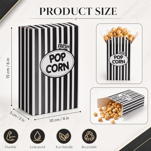 Image of Xinnun 300 Pcs Paper Popcorn Boxes 1oz Oil-proof Disposable Striped Popcorn Boxes Container Leak Proof Paper Holders for Movie Night, Party, Birthday, Wedding (Black)