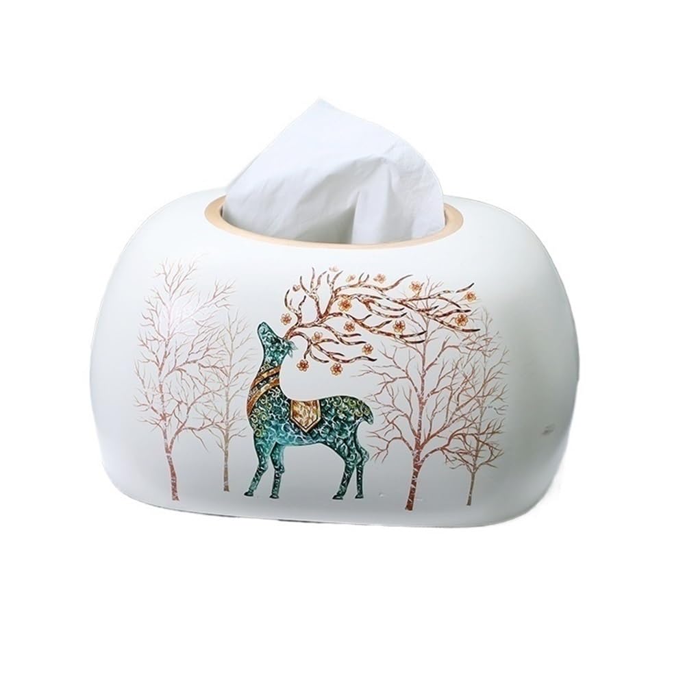 Scatola porta fazzoletti in ceramica da tavolo con motivo a cervo nel bosco, for soggiorno, bianca