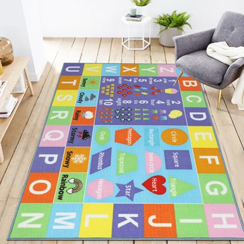 Image of VSIWB Kids Rug 5'2"" x 3'3"" Educational Learning Area Rug Non Slip Kids Carpet with ABC Alphabet Numbers Shapes Weather Playroom Rug Mat for Children Nursery Bedroom Home Decor, M03ZJ02-VFBA