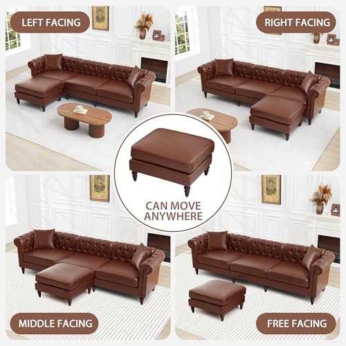 Image of LEVNARY 108 inch L-Shaped Chesterfield Sectional Couch with Movable Ottoman, 4-Seat Couch with Rolled Arms, Upholstered PU Leather, Mid-Century Tufted Corner Sofa for Living Room Bedroom Office (Brown)