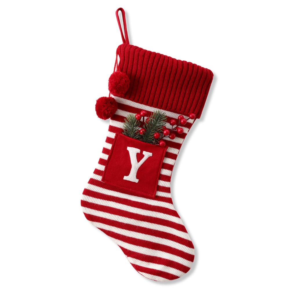 20 Inches Initial Christmas Stocking Monogram Striped Christmas Stocking red Green with White Embroidered Letter Christmas decorations-01-Y-Red