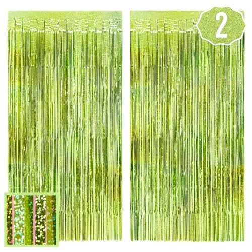 xo Fetti Party Decorations Lime Green Foil Curtain - Set of 2 | Bachelorette Party Supplies Birthday Photo Booth Margartia Bach Decor Bridal Shower Backdrop