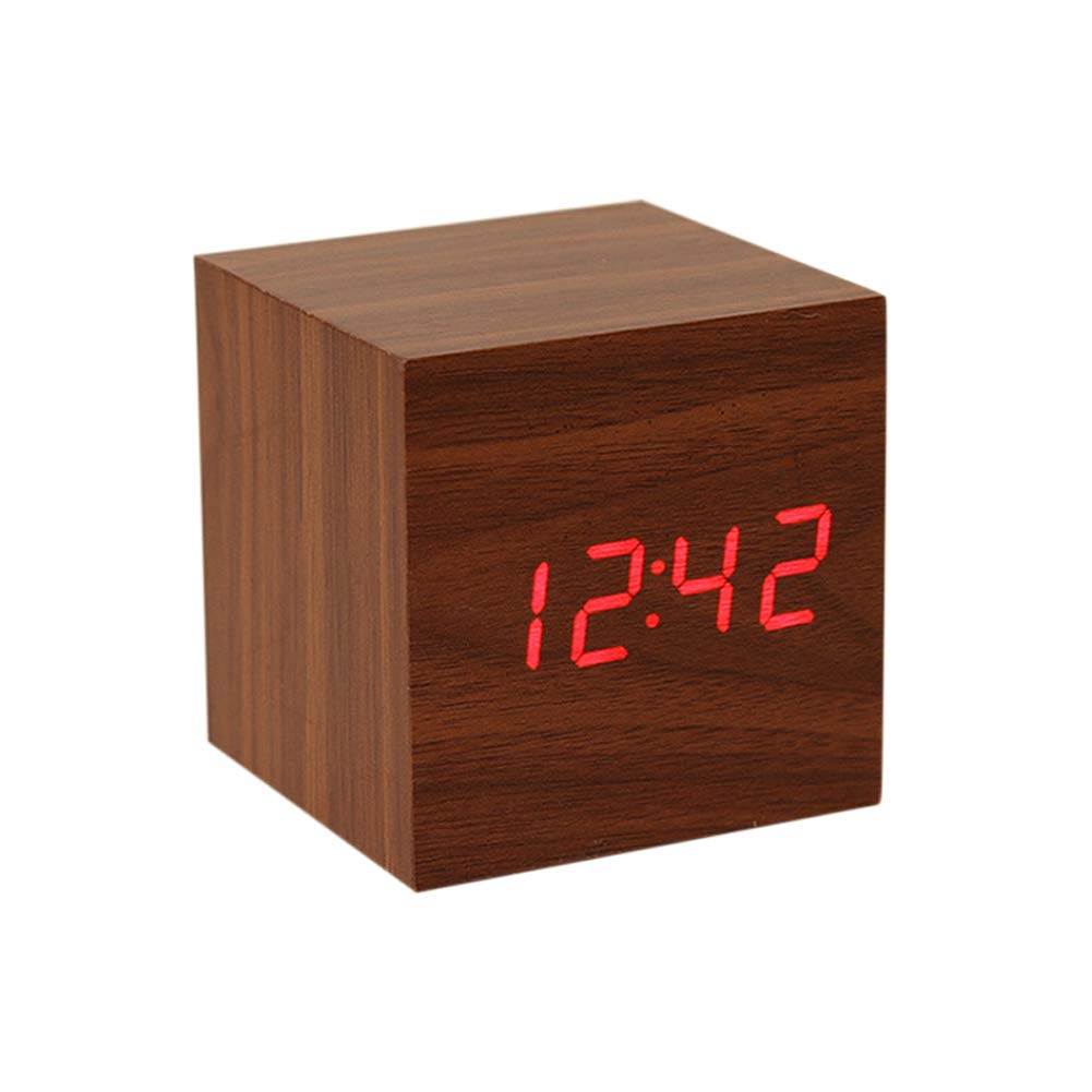 Funito Digital Alarm Clock, with Wooden Electronic LED Time Display, 3 Alarm, 6.35 cm Cubic Small Mini Wood Made Electric Clocks for Bedroom, Bedside, Desk