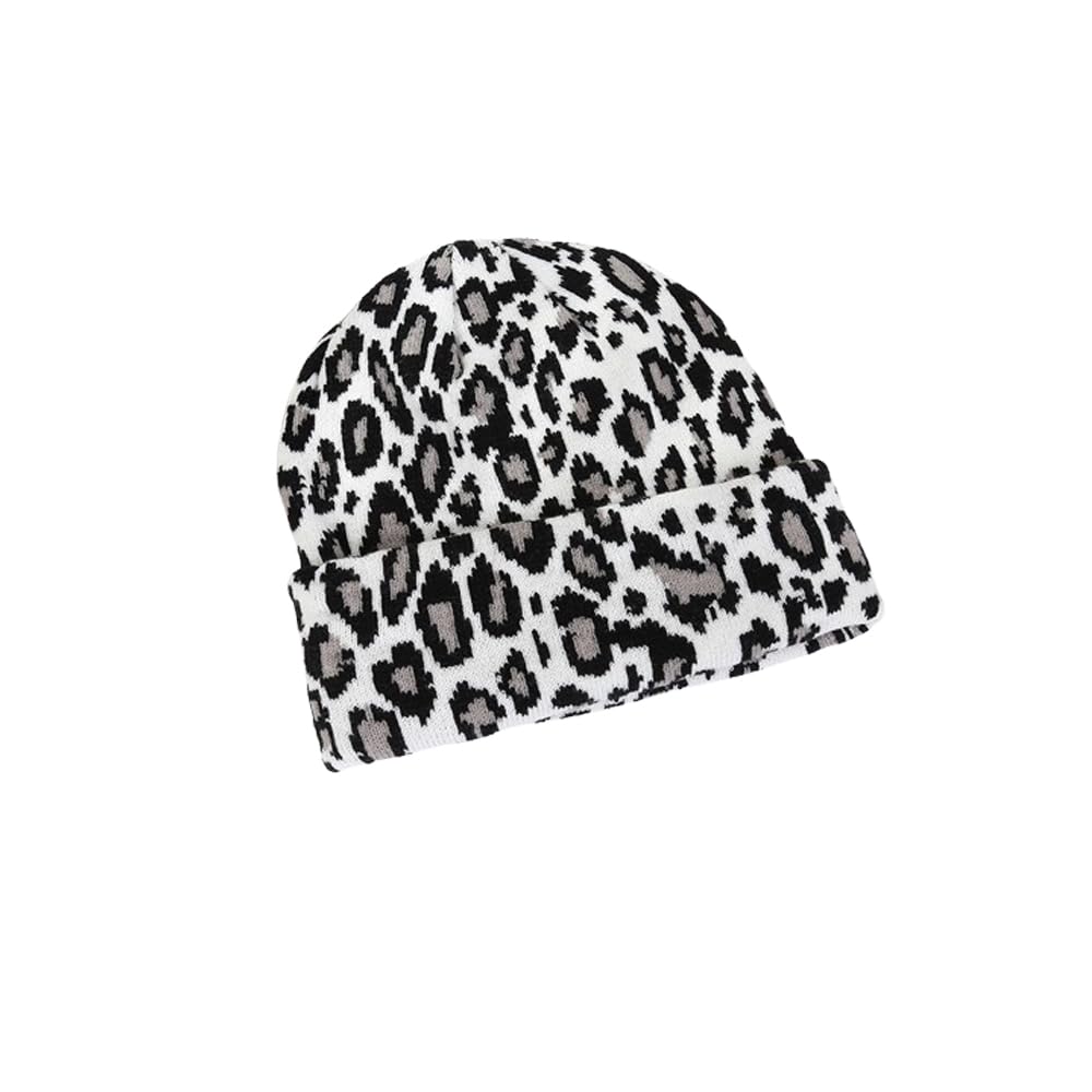 czapka, Czapka beanie dla kobiet, zimowa, z nadrukiem w panterkę, czapka czaszką, miękka i ciepła, dzianinowa, mankietem, do skarpet narciarskich(White)