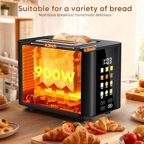 Image of Touch Screen Toaster 2 Slice Black Toaster with Digital Countdown Wide Slot LCD Display 2 Slice Toasters Smart Toasters 6 Shade Settings 6 Bread Type with Reheat /Add Time /Defrost /Cancel Function