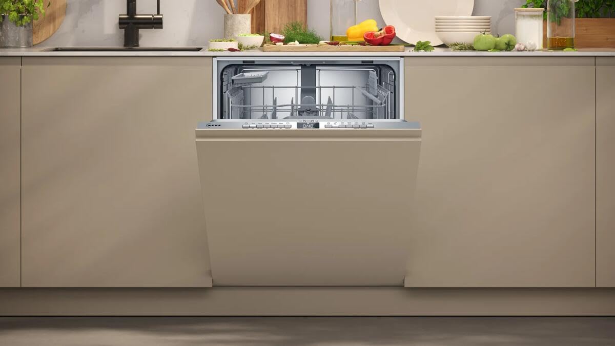 NEFF Lave-vaisselle intelligent, entièrement intégré, 60 cm, avec panier à couverts, nettoyage puissant avec Chef 70 °C, panier supérieur réglable en hauteur, bouton favoris, info Light, Aqua Stop