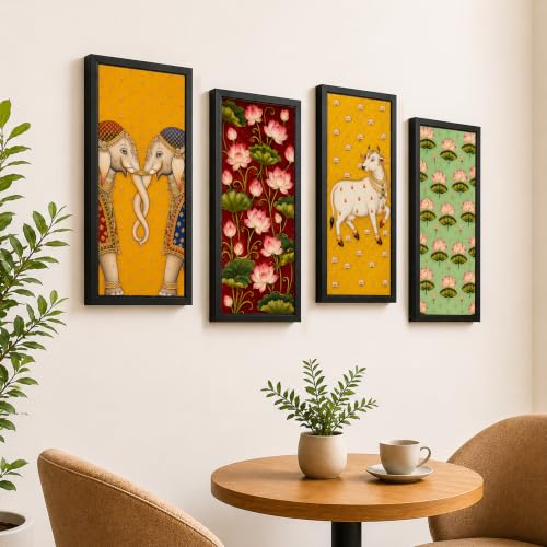 Image of Paintingmantra Traditional Floral Pichwai Framed Wall Art Painting For Living Room | Elephant, Lotus Flowers, Cow Poster with Frame for Wall, Decoration item for Bedroom, Set of 4, Size- 9.5x19.5 Inch