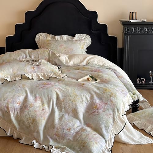VM VOUGEMARKET White Ruffle Duvet Cover Set Twin for Girls Breathable Muslin Cotton Flower Duvet Cover Soft Linen Like Gauze Bedding Set-68x86 Inch