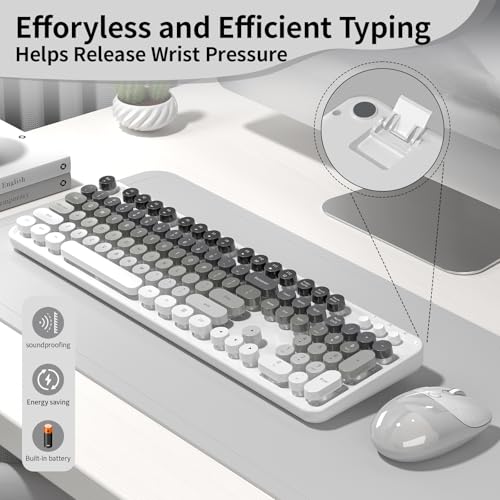 Image of Creamy Wireless Keyboard and Mouse, MOFII 104 Round Keycaps Retro Typewriter with OTG & Brush, Full-Size Ergonomic, Ideal for Windows PC, Home, Office and College Gray White