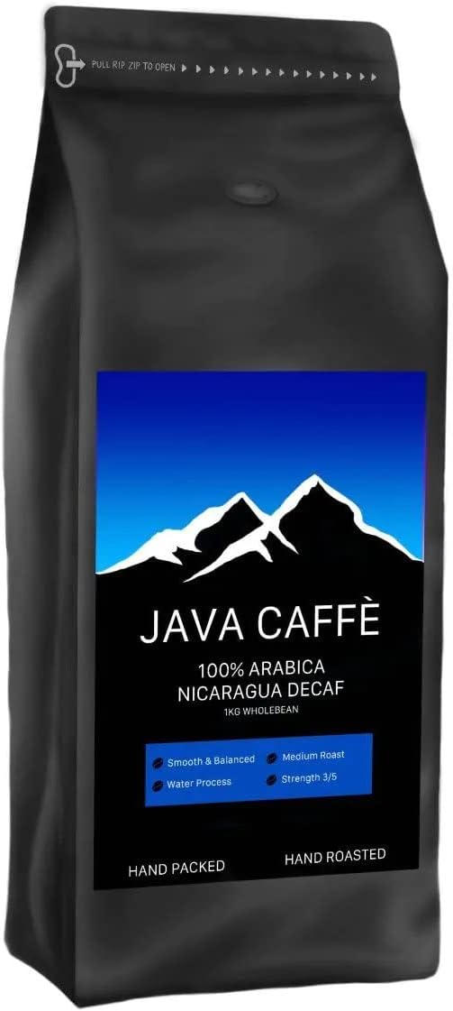 Java Caffe Nicaragua DECAF Coffee Beans 1kg Bag, 100% Arabica Full Medium Roast Coffee, Hand Roasted, Resealable Bag