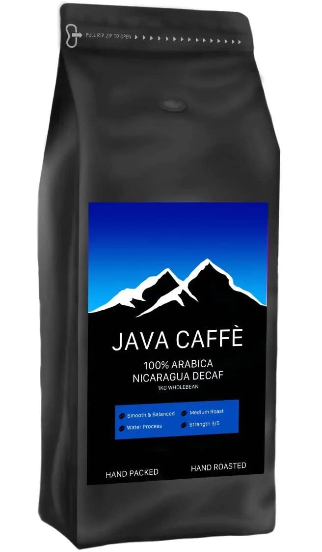 Java Caffe Nicaragua DECAF Coffee Beans 1kg Bag, 100% Arabica Full Medium Roast Coffee, Hand Roasted, Resealable Bag
