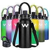 WEREWOLVES 32 oz Insulated Water Bottle With Paracord Handles & Strap & Straw Lid & Spout Lid,Reusable Wide Mouth Vacuum Stainless Steel Water Bottle for Adults (New-Black, 32 oz)
