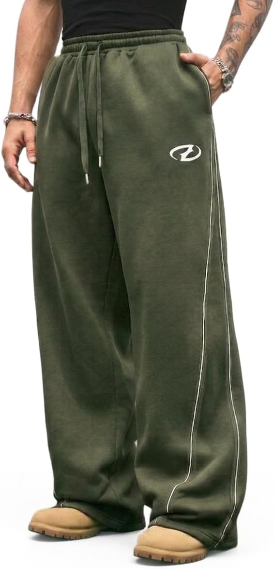 QJQ Men's Baggy Track Pants Casual Wide Leg Striped Side Sweatpants Drawstring Elastic Waist Y2k Streetwear