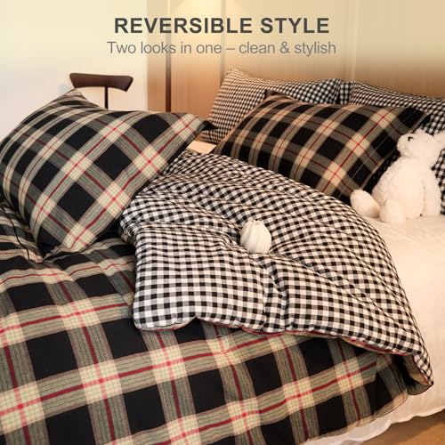 Image of 100% Cotton Comforter Set Full Size - Reversible Yarn-Dyed Checkered Design, Soft Washed Cotton on Both Sides, Lightweight All-Season Bedding, Machine Washable(Black Red Plaid, 80 inchx90 inch)