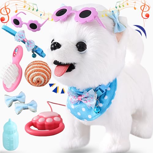 Ylpaprm Samoyed Walking Dog Toy for Kid Girl Puppy Toy Licking Barking with Leash, Electric Talking Singing Tail Wag Plush Robot Doggy DIY Pretend Dress Up Interactive Dog