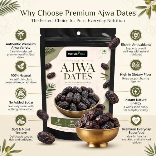 Image of Nurture Tree Premium Saudi Ajwa Dates (Khajoor /Khajur) 400g, 100% Natural Soft and Delicious Arabian Dates in Fresh, Khajur Dry Fruits, No Artificial Colours, Gluten Free, No Added Sugars