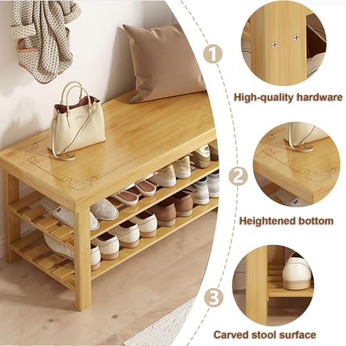 3-poziomowy bambusowy stojak na buty z siedziskiem, ławka do przechowywania, rzeźbiony stołek, do salonu, stylowa drewniana półka na buty (50 x 27 x 45 cm)