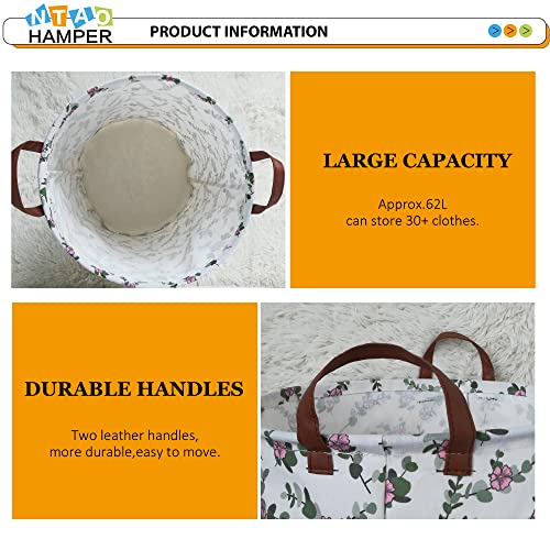 Image of NTAOHAMPER Large Round Canvas Linen Laundry Hamper,Waterproof Storage Bin for Books /Clothes, Laundry Basket, Gift Basket(Eucalyptus leaves)