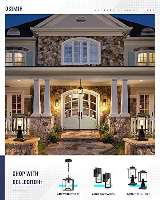 Outdoor Pendant Light for Porch, 1-Light Black Hanging Porch Light Modern Exterior Hanging Lantern with Cylinder Glass and Adjustable Chain for Gazebo, 2353/1H