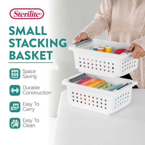 Image of Sterilite 16608008 Small Stacking Basket with Vertical Stacking Functionality and Titanium Accents for Organization in Home or Office, White (16 Pack)