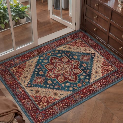 Image of Tangsoo Oriental 2x3 Washable Rugs for Entryway Non Slip Small Rug Red Blue