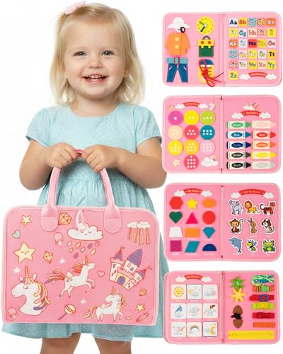 Image of Pink Montessori Busy Board for Toddlers,8-Page Sensory Activity Book for Fine Motor Skills & Basic Dress Learning, Portable Travel Toy for Preschool Kids, Portable Travel Gift for Preschool Girls