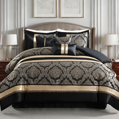 Image of CozyDH Black and Gold Jacquard Comforter Set King - 7 Piece Luxury Damask Medallion Patchwork Bed in a Bag, All Season Down Alternative Bedding with Bed Skirt, Shams, Decorative Pillows, 104x90 in