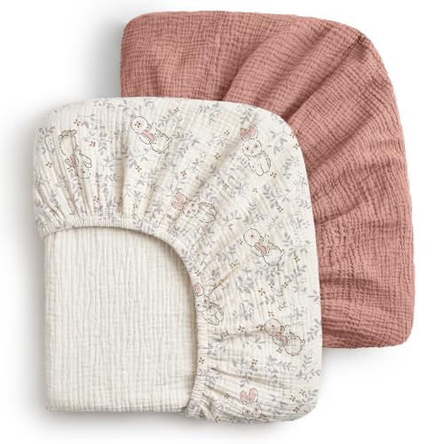 Image of Blissful Diary Muslin Crib Sheets, 2 Pack, Blush Bunny Floral & Dusty Pink | fitted for 52''x28'' crib mattress, soft and breathable cotton, boho style, easy care for machine wash, gift for boy and girl