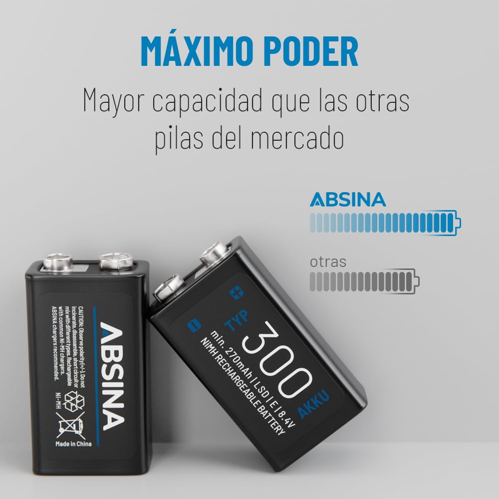 ABSINA Pilas 9V Recargables 300 con Baja Autodescarga | Paquete de 8 - Pila 9V Bloque NiMH con 8,4V y al Menos 270mAh - Bateria Recargable 6LR61 6F22