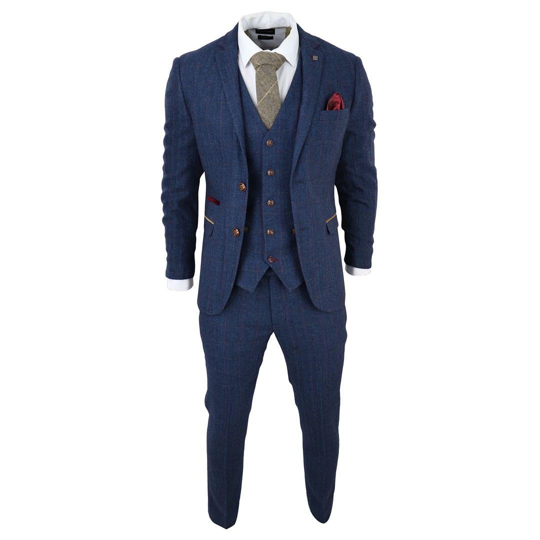 Truclothing Men's Blue 3 Piece Suit Herringbone Tweed Checked Formal Dress Suits - 38