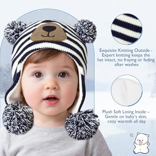 Century Star Baby Boy Hat Winter Fleece Lined Hat Knit Earflap Kids Caps Infant Toddler Hats for Baby Girls with Pom Pom3