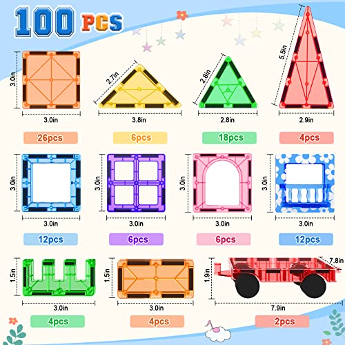 100 Magnetische Fliesen STEM Bauspielzeug mit 2 Autos, Sensorische Magnetische Bausteine für Kleinkinder und Kinder… – Ansicht 3