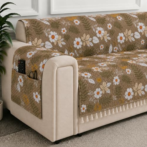 Image of STITCHNEST 'Frostvine Collection' 2 Seater Sofa Cover | Full Coverage with Armrest Pockets | Cotton Quilted Fabric, Decorative Tassels, Washable & Durable for Modern Living