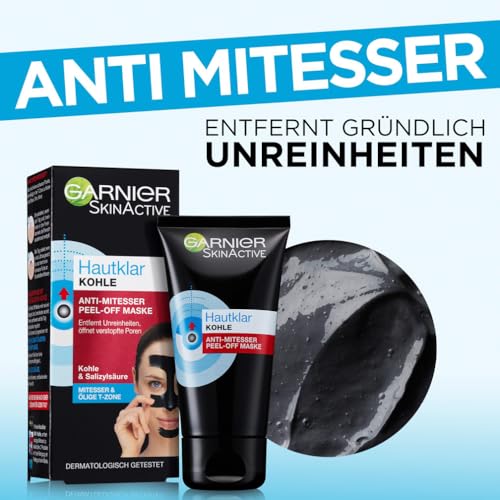 Garnier Peel-Off Maske gegen Mitesser, Schwarze Gesichtsmaske für strahlende Haut, Mit Salicylsäure und Kohle, Hautklar Kohle, 1 x Tube